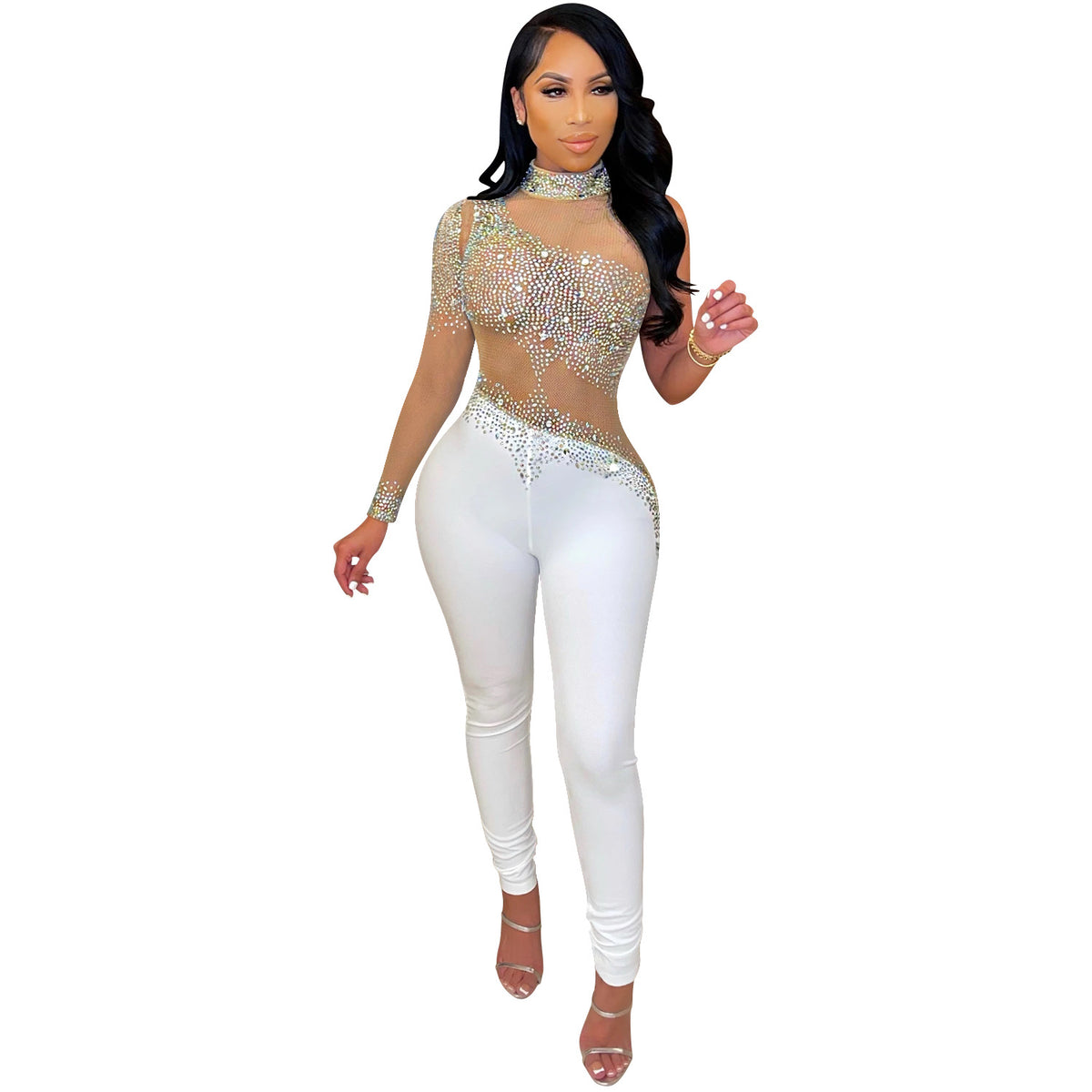 Rhinestone One-Shoulder Mesh Jumpsuit