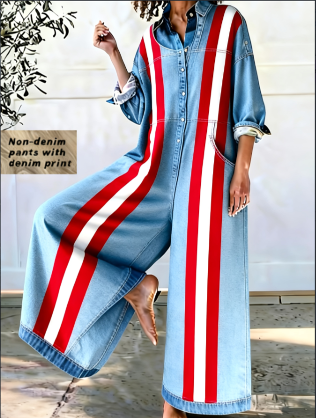 Retro Casual Long-Sleeve Patchwork Wide-Leg Jumpsuit