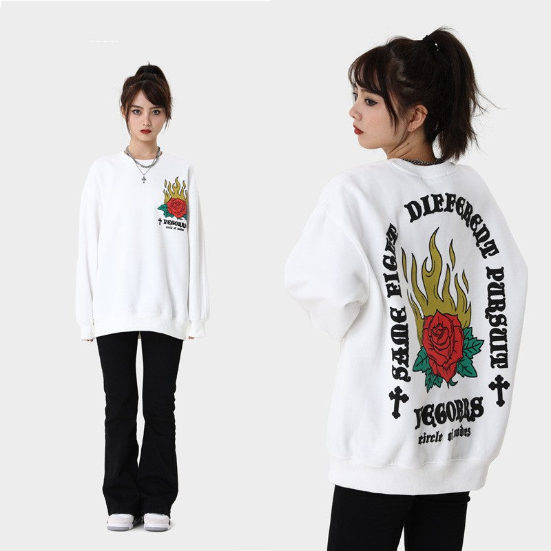 Plus Fleece Flame Rose Hoodie - Cozy Thermal Sweatshirt