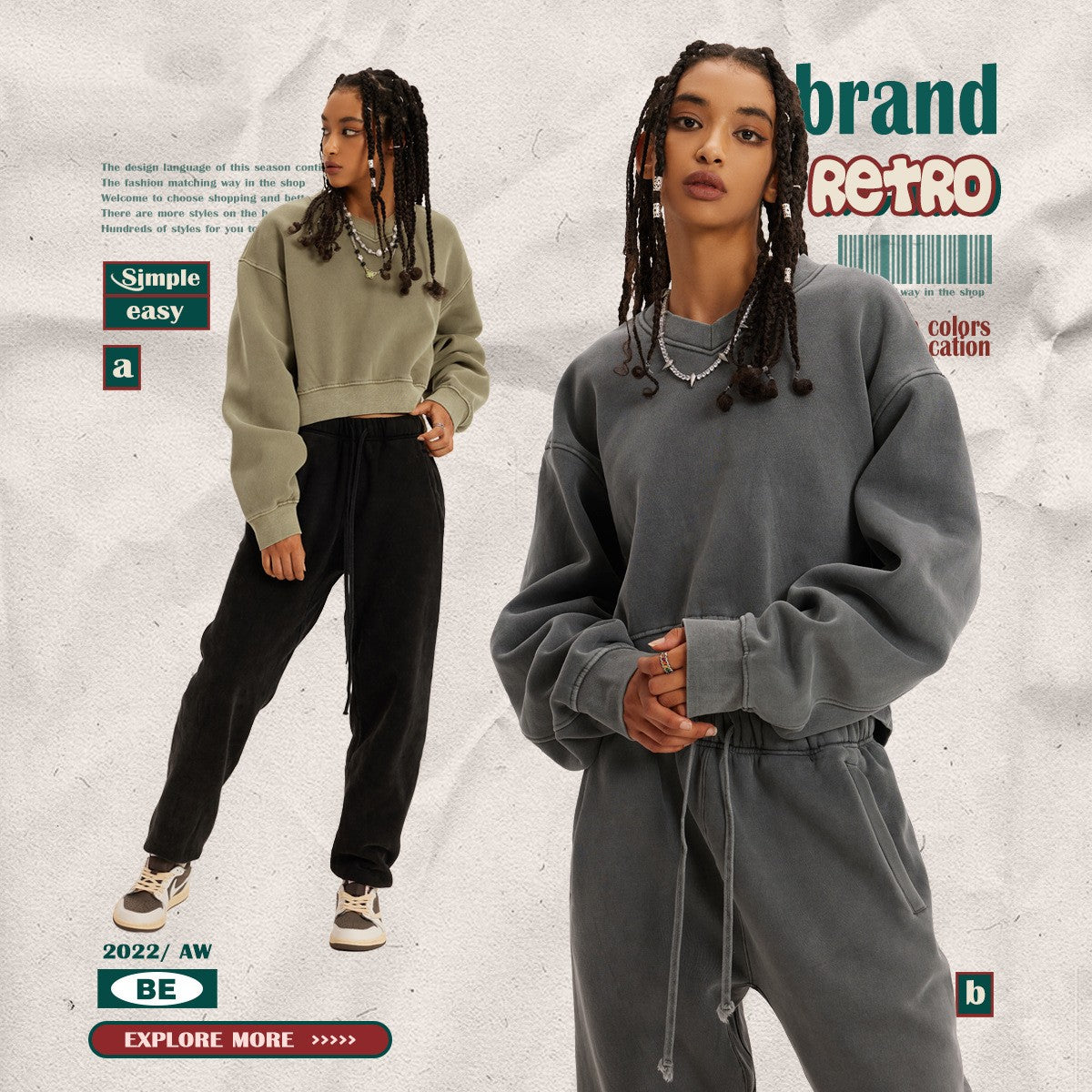 Vintage Fleece V-Neck Cropped Hoodie