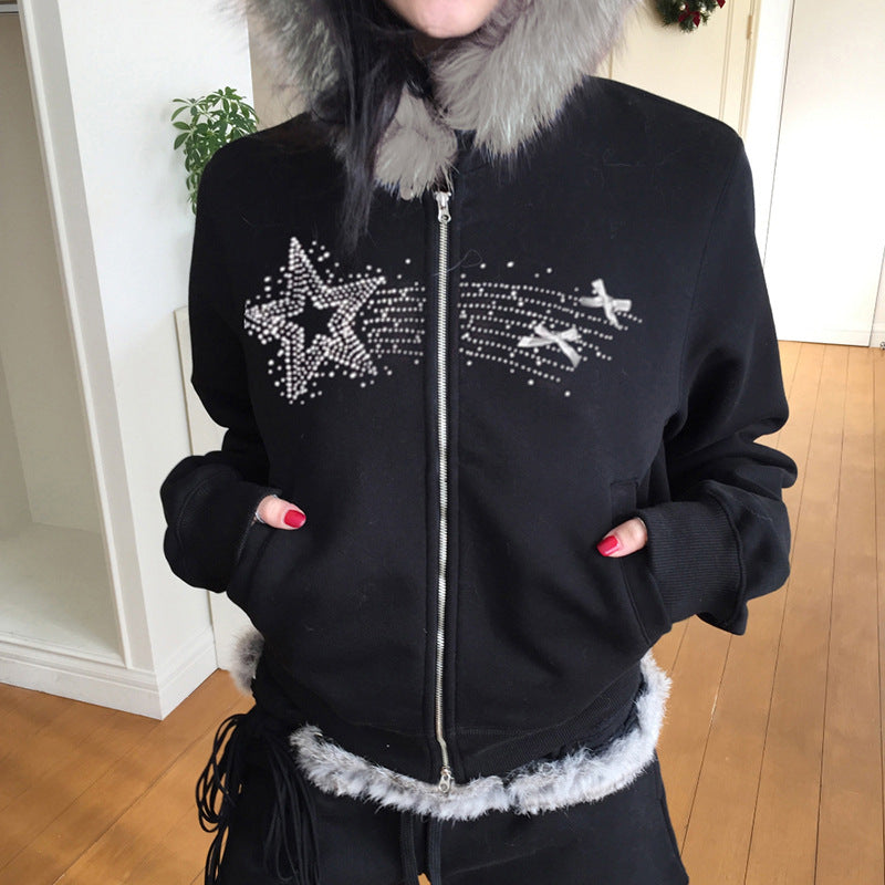 Retro Fur Collar Zip Sweater Cardigan