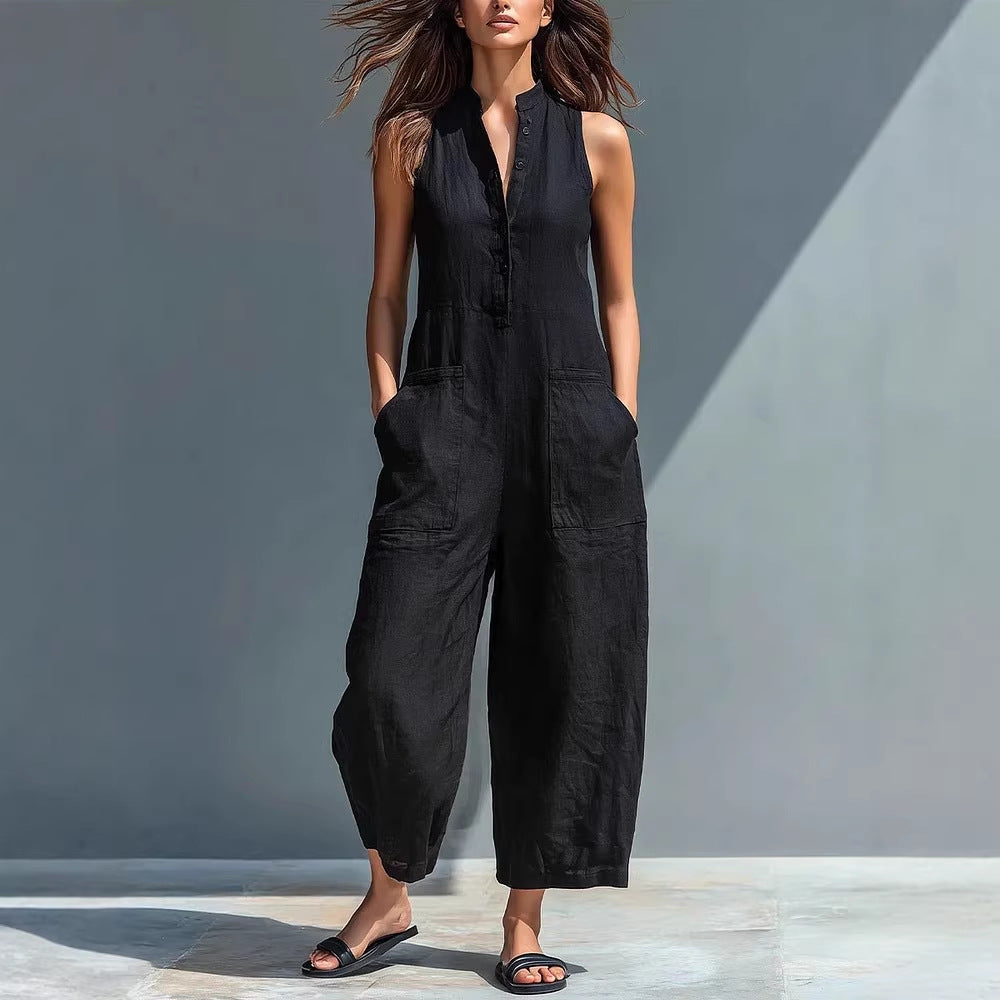 Casual Womens Sleeveless Stand Neck Pocket Jumpsuit