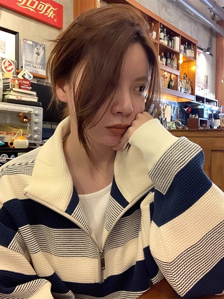 Women's Retro Half-Zip Striped Sweatshirt