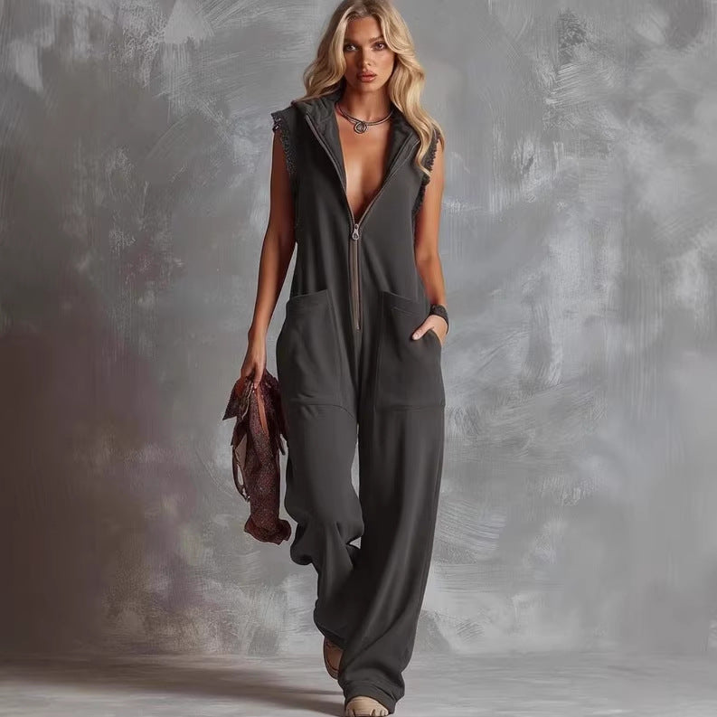 Women's Retro Hooded Zip-Up Casual Jumpsuit