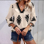 V‑Neck Digital Print T‑Shirt – Relaxed Fit, Trendy Workwear