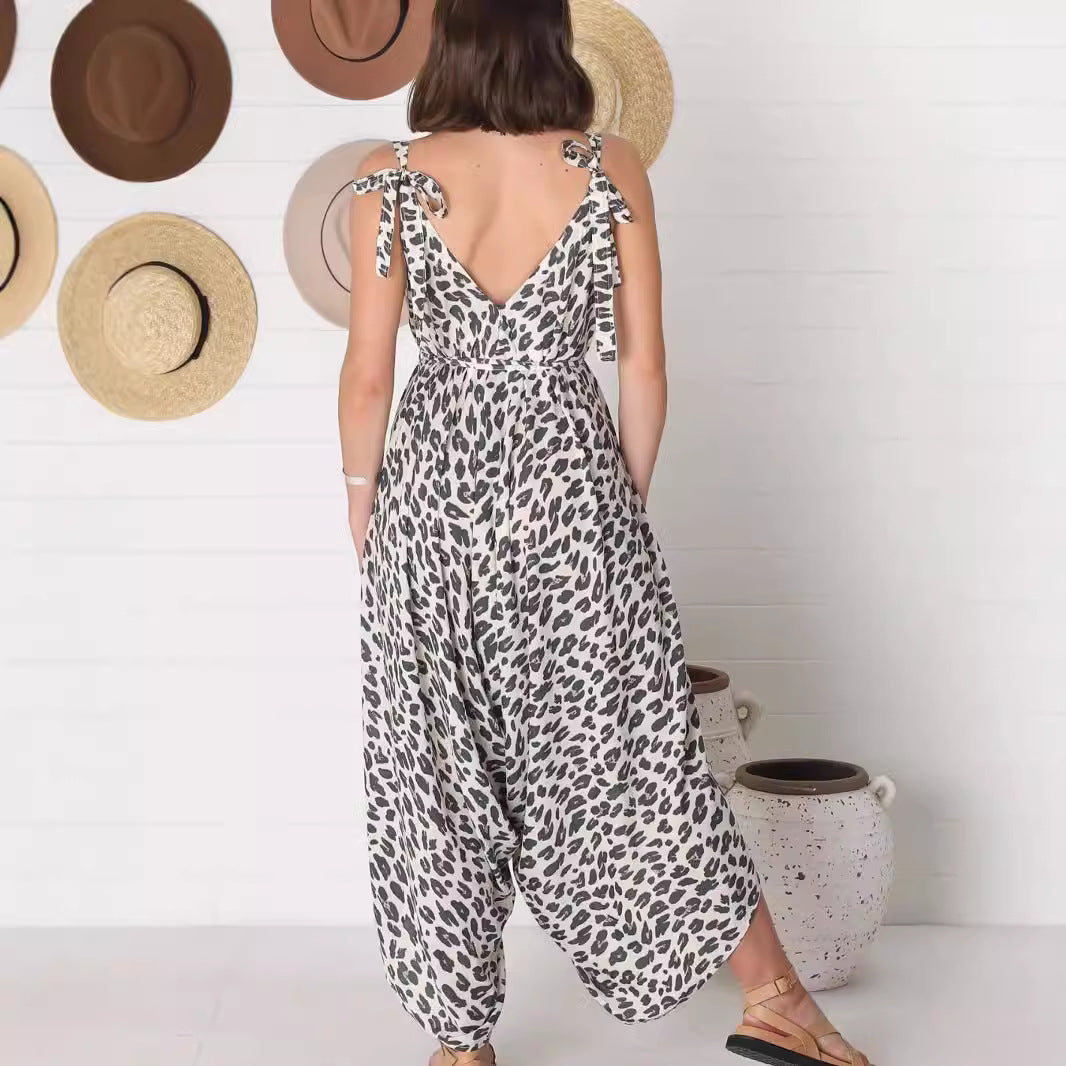 Leopard Print Wide Leg Jumpsuit Backless Romper
