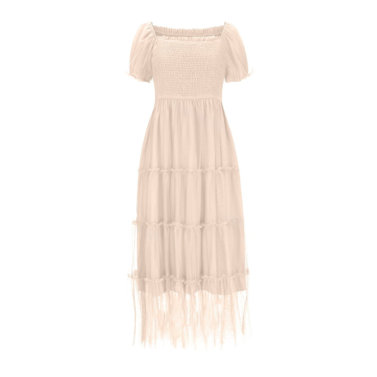 Square-neck Ruffled Casual Sheer Long Dress