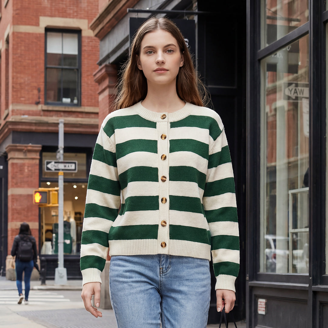 Women's Striped Knit Cardigan Green White Crewneck Button Up Sweater Casual Long Sleeve Knitwear
