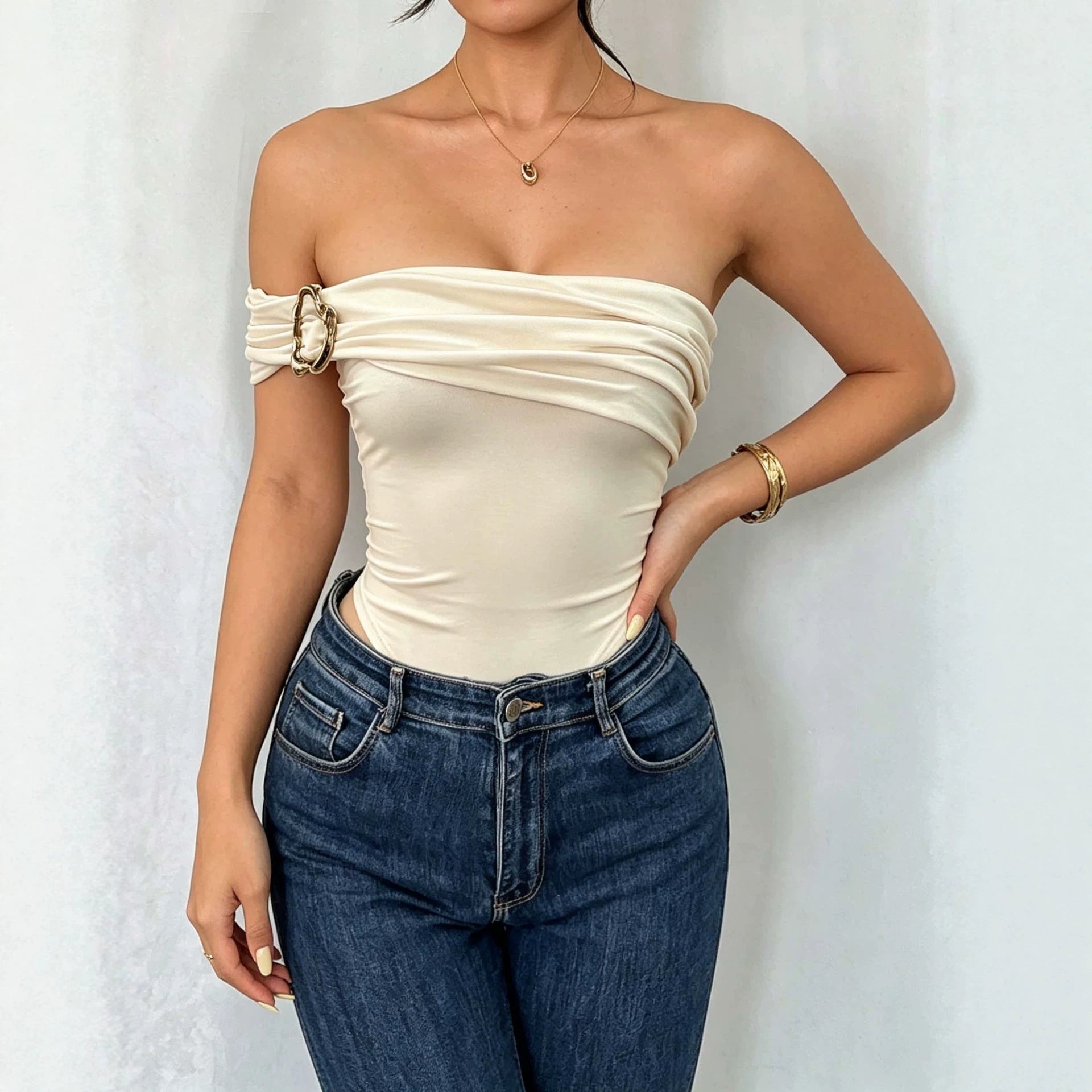 New Womens Elegant Jumpsuit With Off-shoulder Design Pleating And Metal Buttons