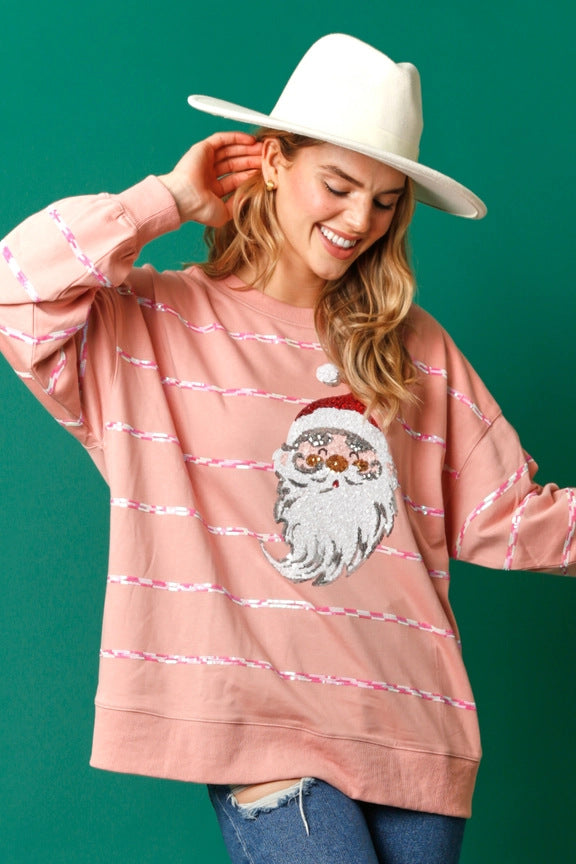 Festive Sequined Christmas Striped Long Sleeve Top