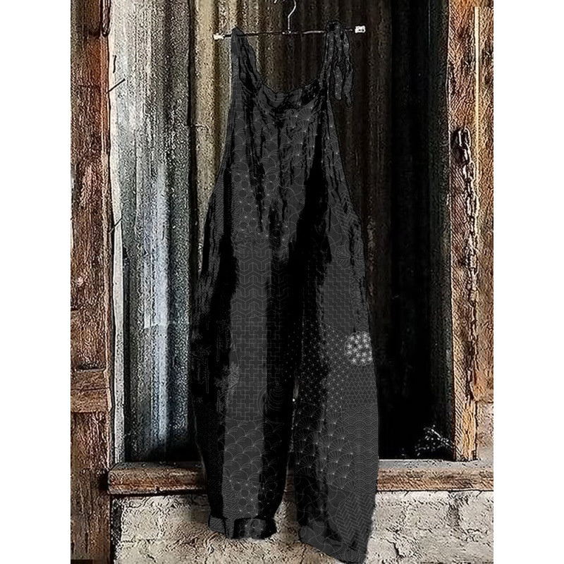 Vintage Wave-Print Linen Suspender Pants