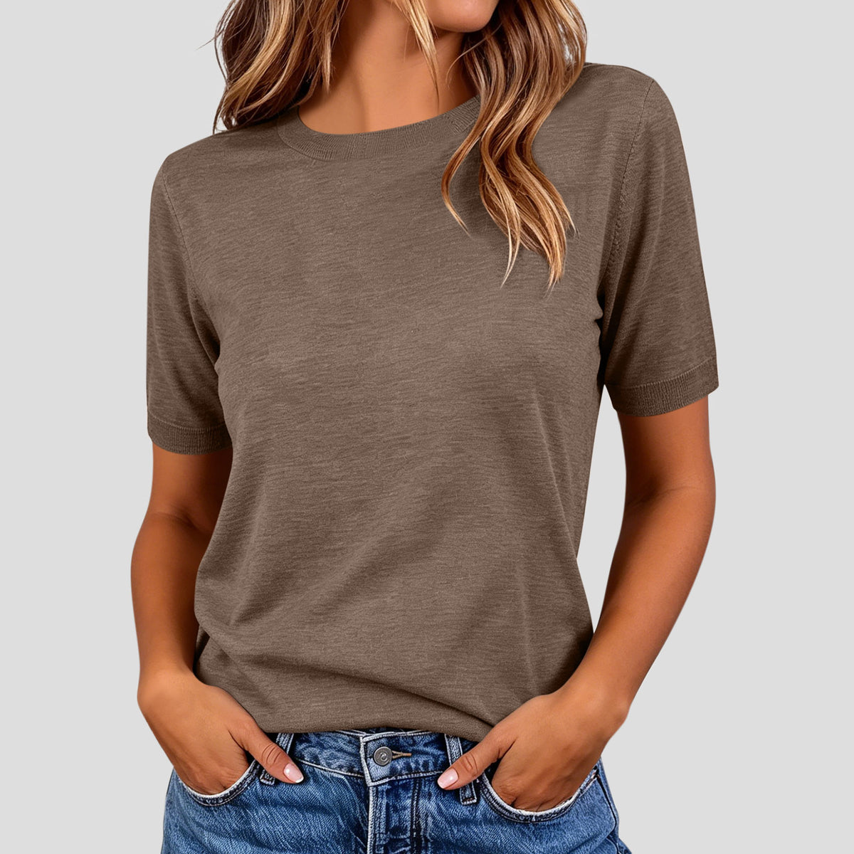 Women's Summer Lightweight Knit Short Sleeve T-shirt Solid Crewneck Loose Regular Fit Casual Versatile Top Sweater