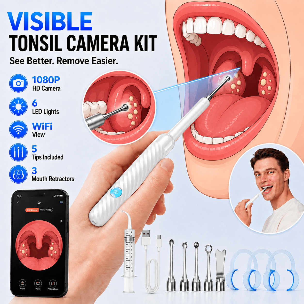 Oral Care Kit with LED Light Tonsil Stone Remover and 5 Attachments