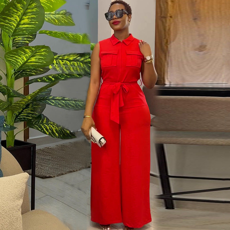 Sleeveless Wide Leg Jumpsuit with Pocket & Waist Trimming