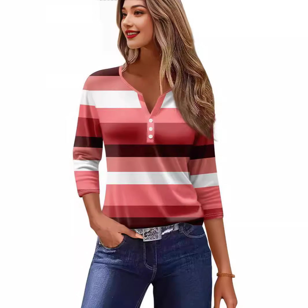 Women's T-shirt V-neck Half-open Tube Three-button Printed 34 Sleeves Top