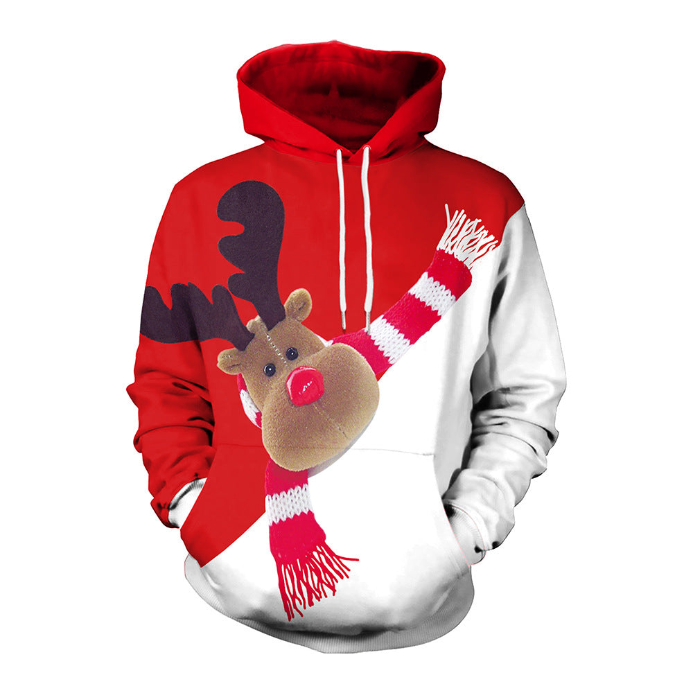 Festive Elk Christmas Print Couple Hooded Sweater