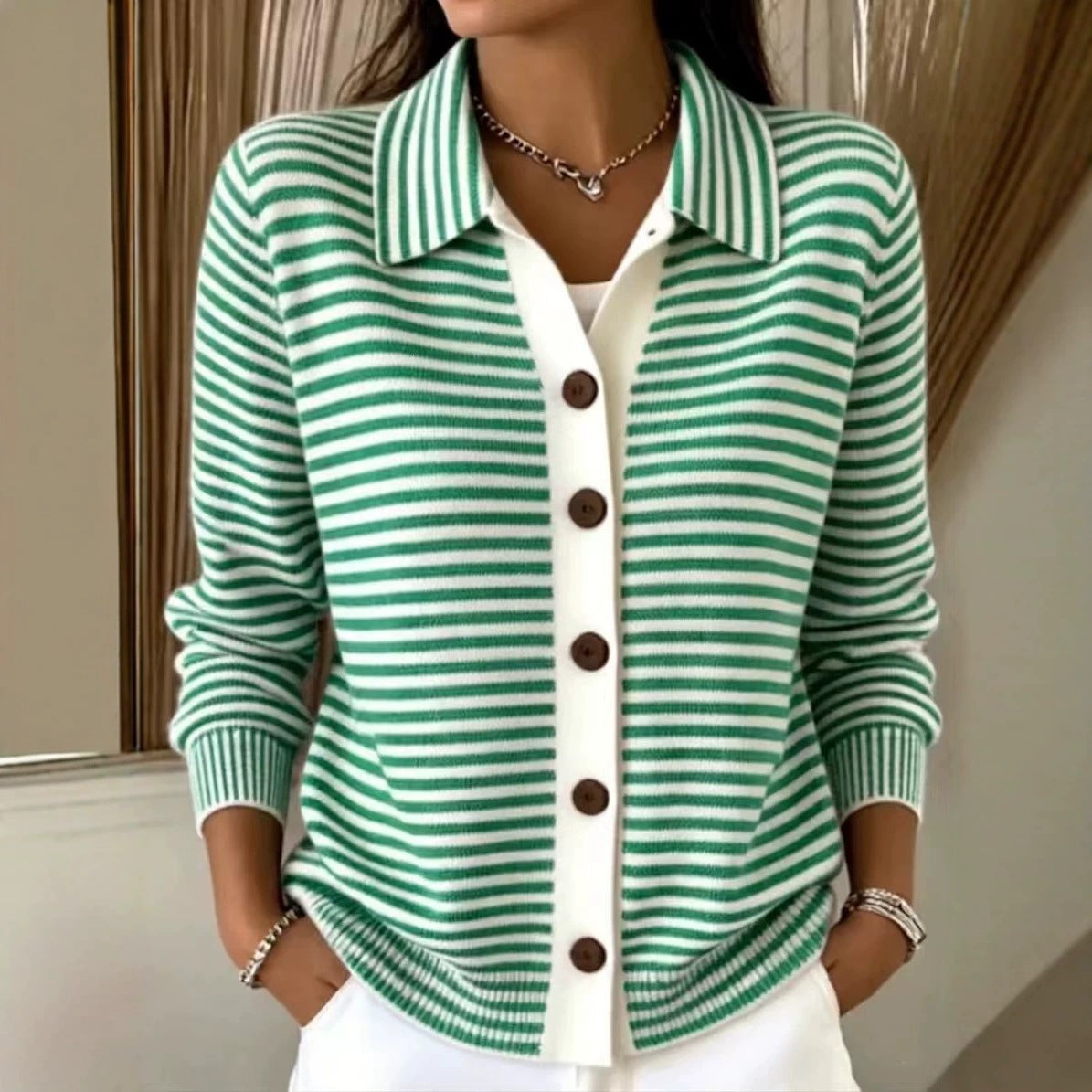Button-down Knitted Striped Sweater Cardigan Coat