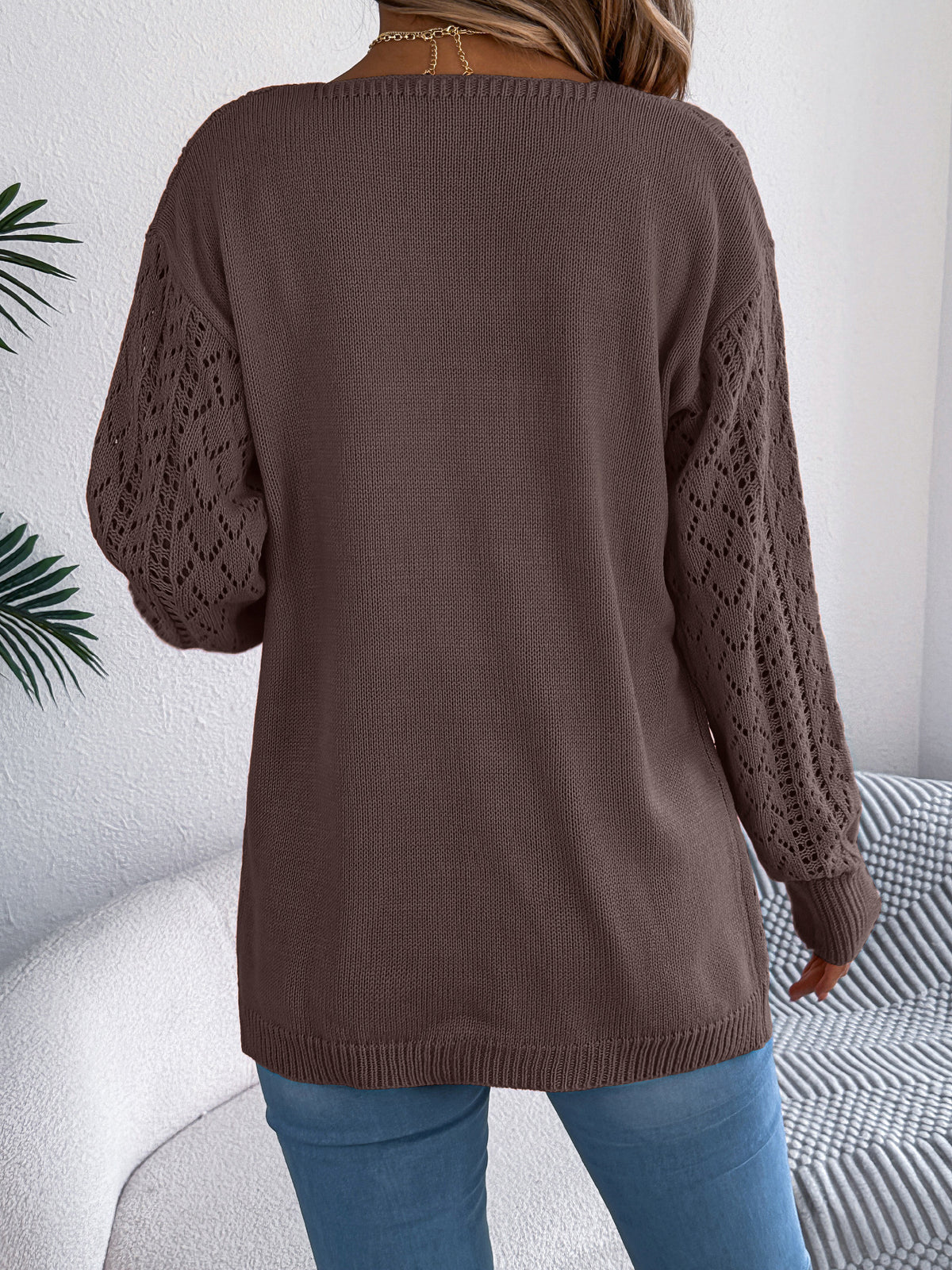 Women Hollow Out Lantern Sleeve Long Sleeve Cardigan Sweater Coat