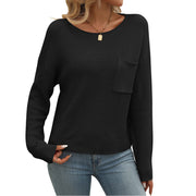 Women's Round Neck Pocket Decorative Top Long Sleeve Sweater