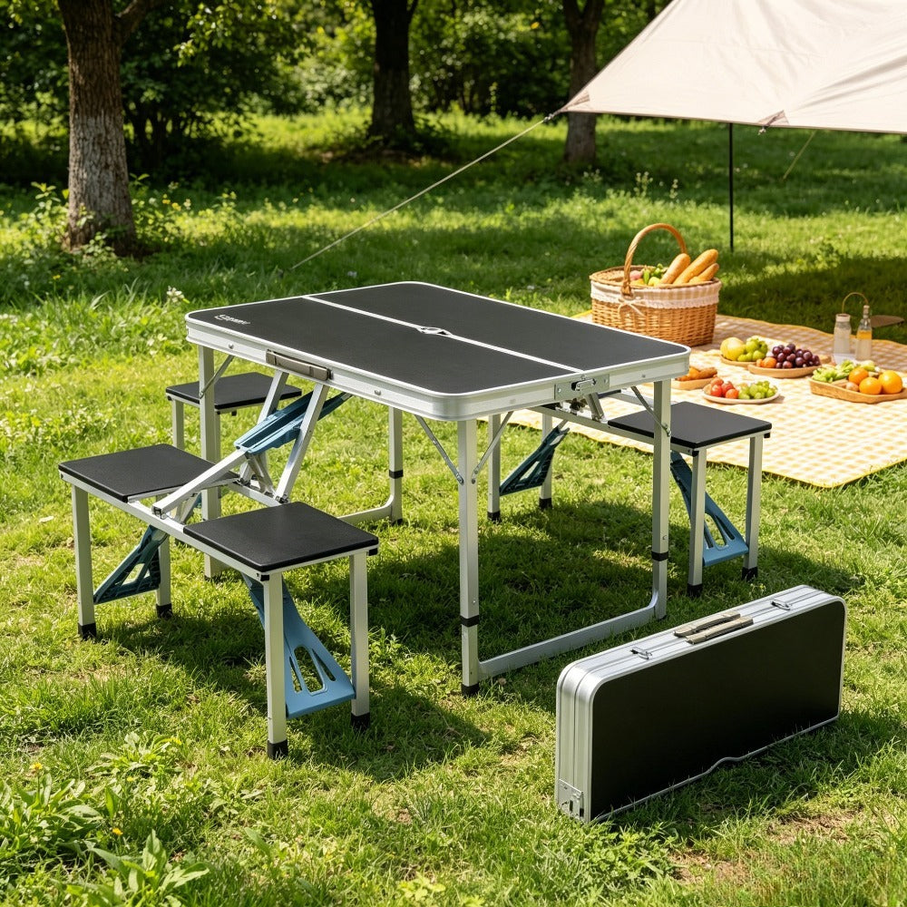 [Outdoor Camping Travel] 4FT Folding Picnic Table Set With 4 Seats, Aluminum Frame Portable Suitcase Camping Table With Umbrella Hole, 220 Lbs Capacity For Outdoor Travel BBQ RV Travel Patio Balcony Garden Porch Yard Table And Chairs Set