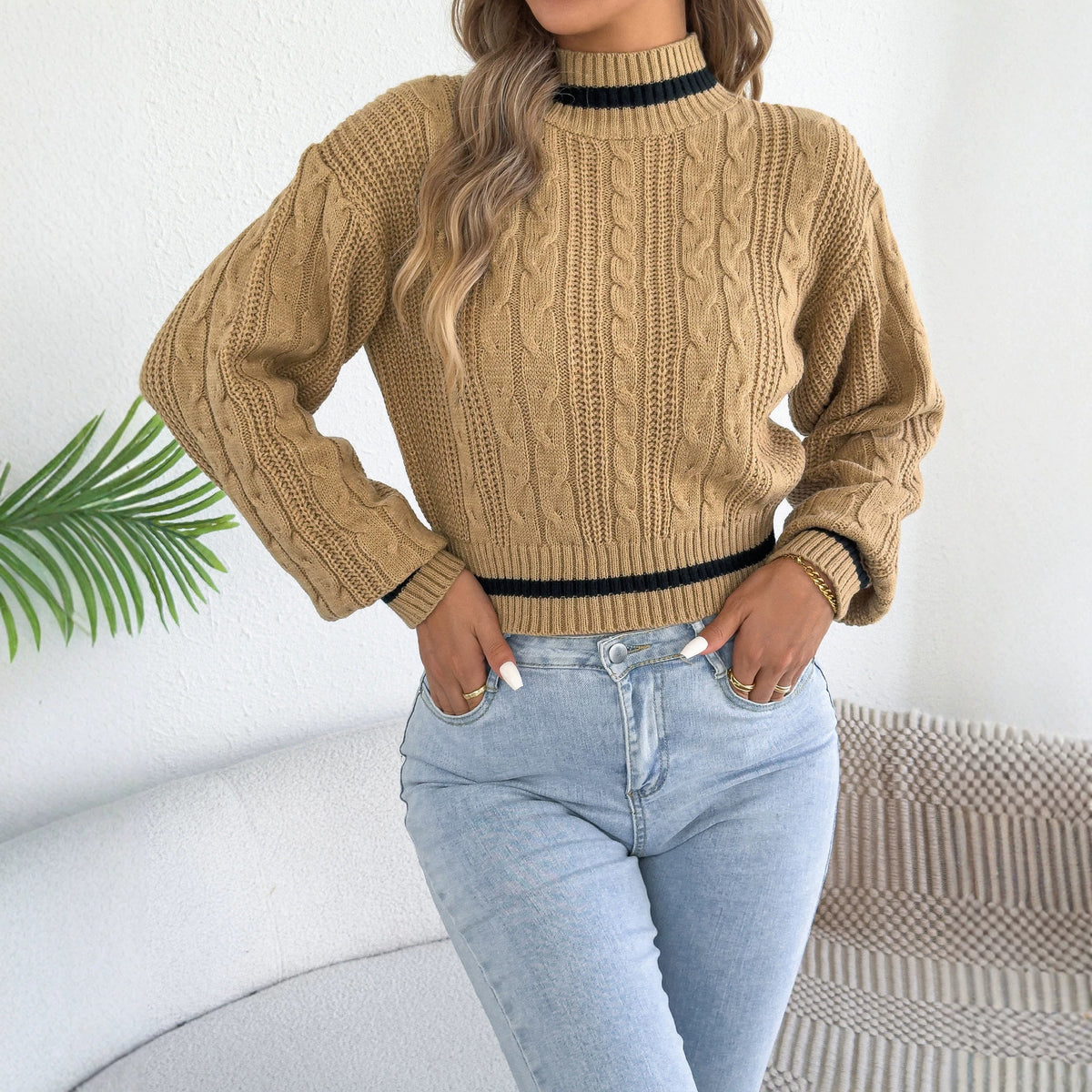Fallwinter Casual Colorblock Mock-neck Fittedwaist Sweater