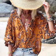 Lace-trimmed Long-sleeve Printed Loose-fitting Single-breasted Top