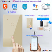 Smart Wi‑Fi Touch Switch with Scratch‑Resistant Tempered Glass Panel, Wi‑Fi & Bluetooth, Alexa & Voice Control, 1‑4 Gang Options, 600 W Max Load per Gang, 100‑240 V