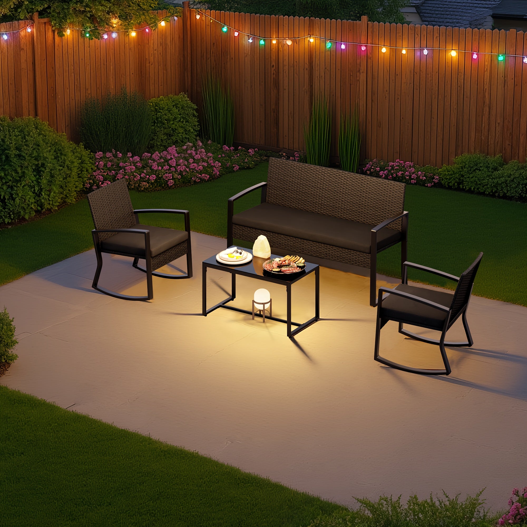 [Outdoor Sectional Sets] Patio Furniture Set, 4pcs Outdoor Sectional Conversation Sets, Rattan Patio Chairs And Table For Backyard, Balcony, Porch