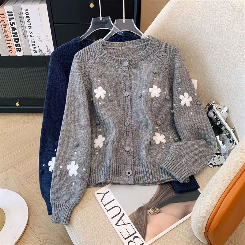 Womens Cropped Embroidery Sweater Jacket for Early Fall and Winter