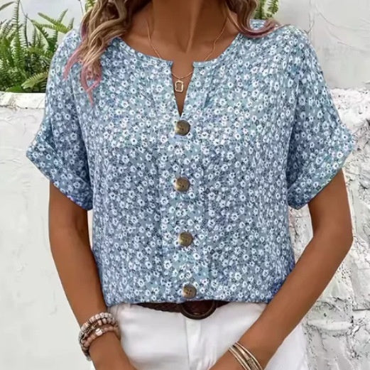 Women's Casual Plant-Print Jacquard Short-Sleeve T-Shirt – Loose Fit