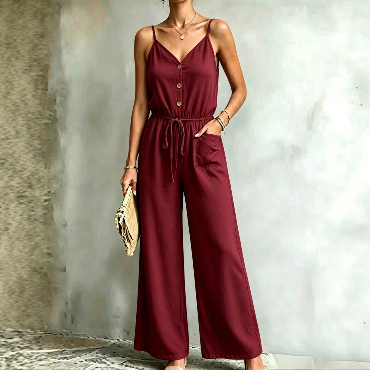 Womens Solid-color Casual Belted Strap Jumpsuit