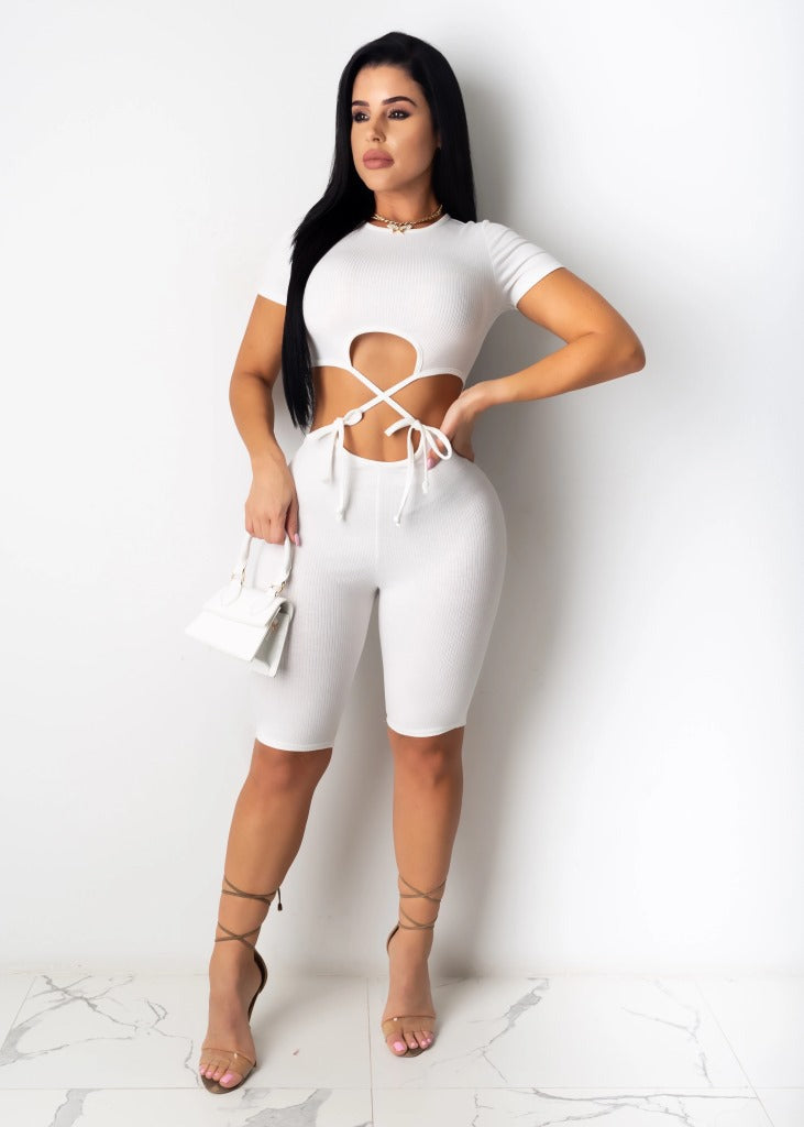 Chic Knit Tie-Front Romper with Shorts