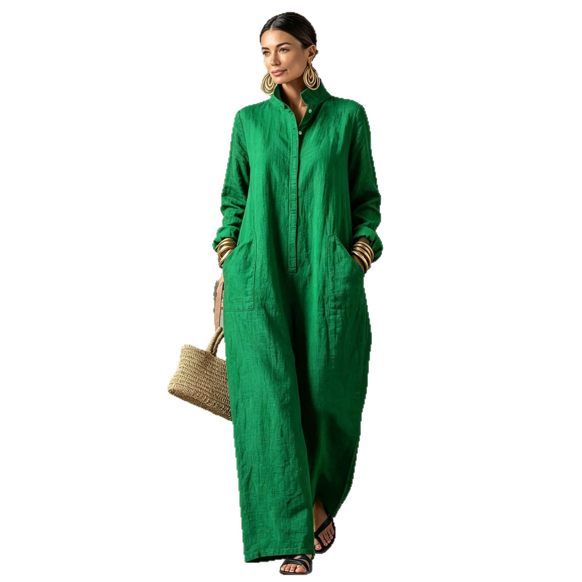 Chic Mandarin Collar Wide-Leg Long Sleeve Jumpsuit