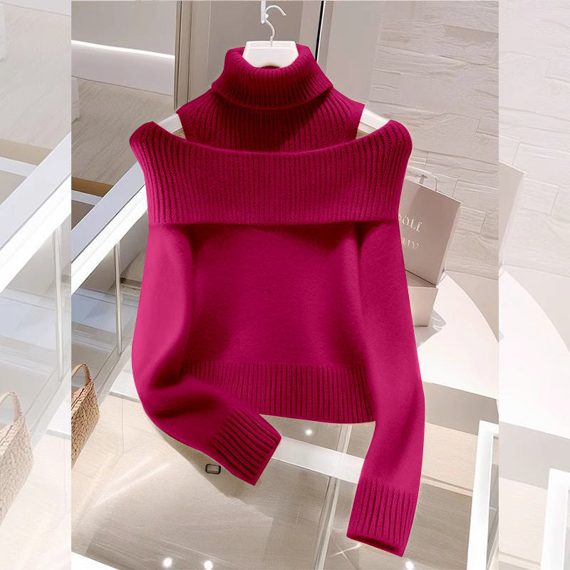 Soft Glutinous Idle Style Off-the-shoulder Bulky Turtleneck in Apricot Sweater