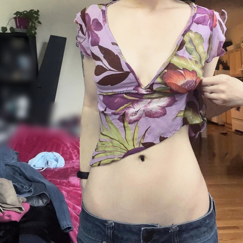 Floral Slim‑Fit Short‑Sleeve T‑Shirt with Drawstring Detail