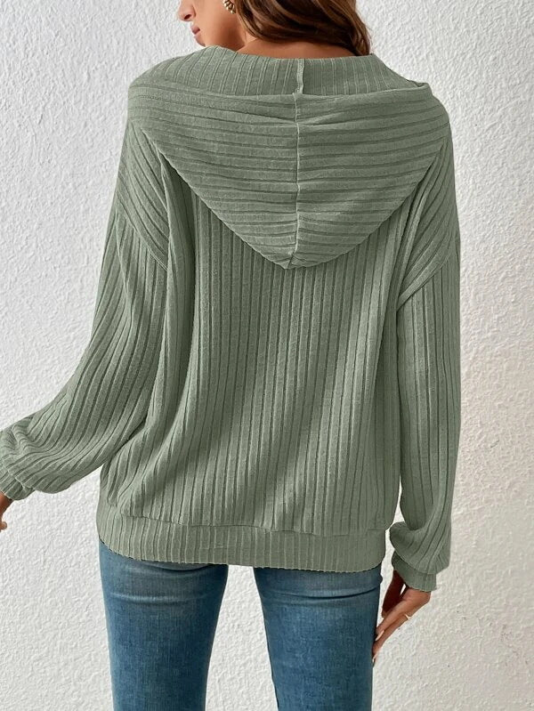 Women's Striped Knit Hoodie with Pockets & Drawstring