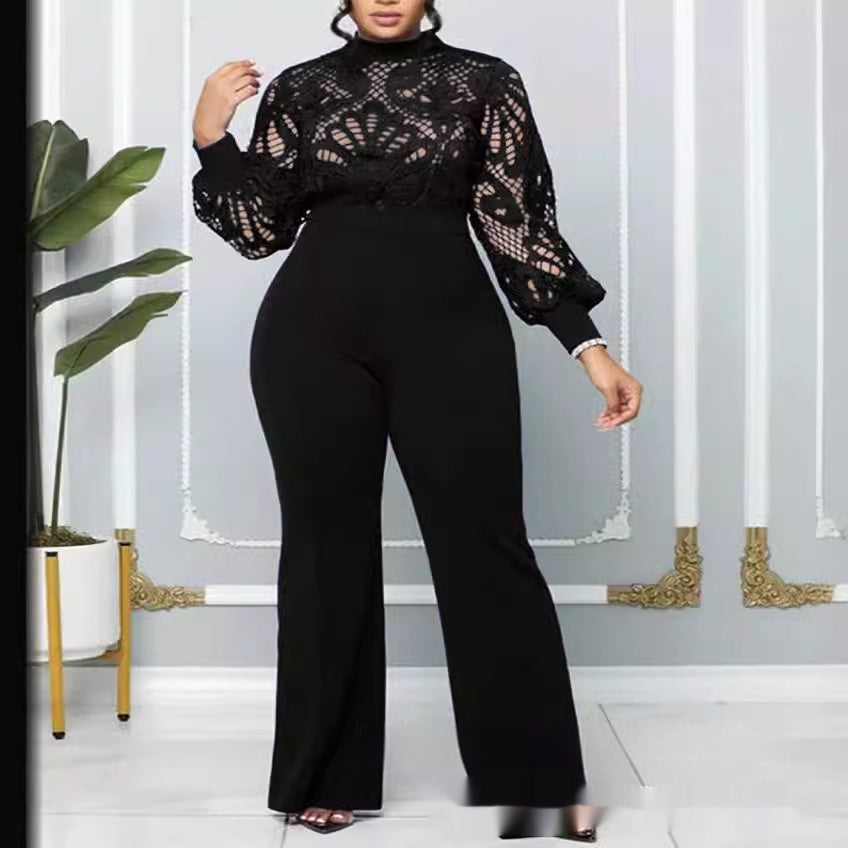 Women's Plus-Size Lace-Trim Casual Jumpsuit