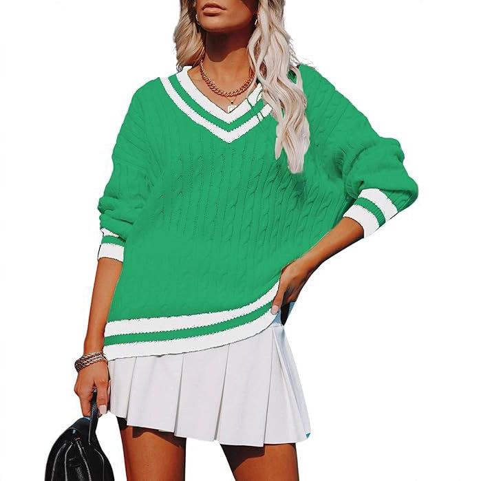 New Womens Fall V-neck Loose-fit Casual Color-block Cable-knit Sweater