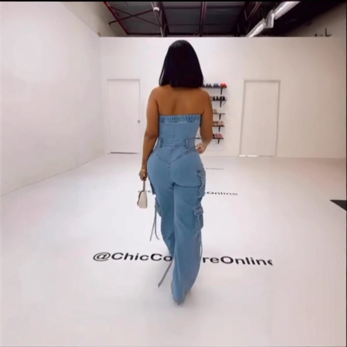 Denim Tube Top Multi-Pocket Workwear Jumpsuit