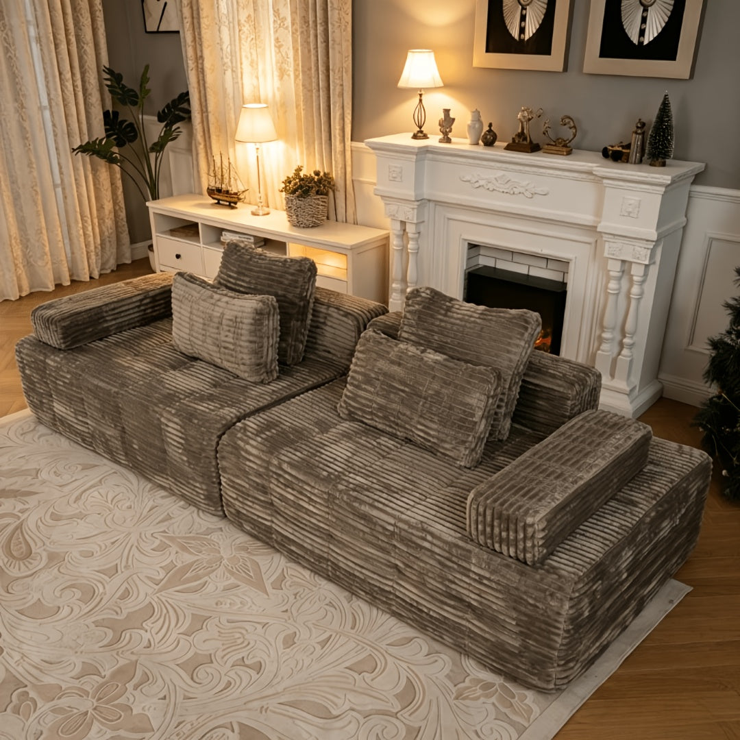 Modular L-shaped chaise longue sofa bed with deep seat and corduroy upholstery