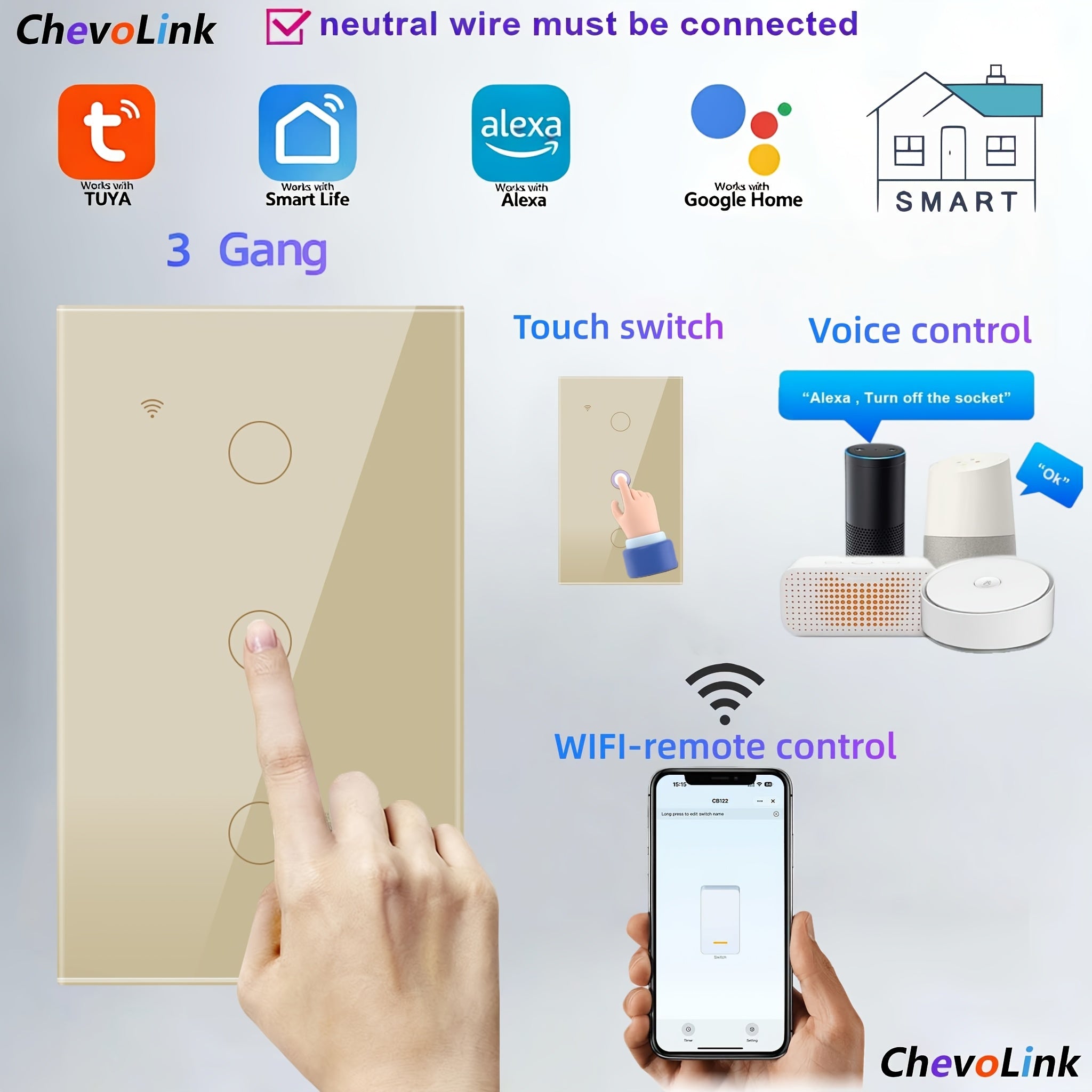 Smart Wi‑Fi Touch Light Switch with Scratch‑Resistant Tempered Glass Panel, 1‑4 Gang Options, 600 W per Gang, 100‑240 V