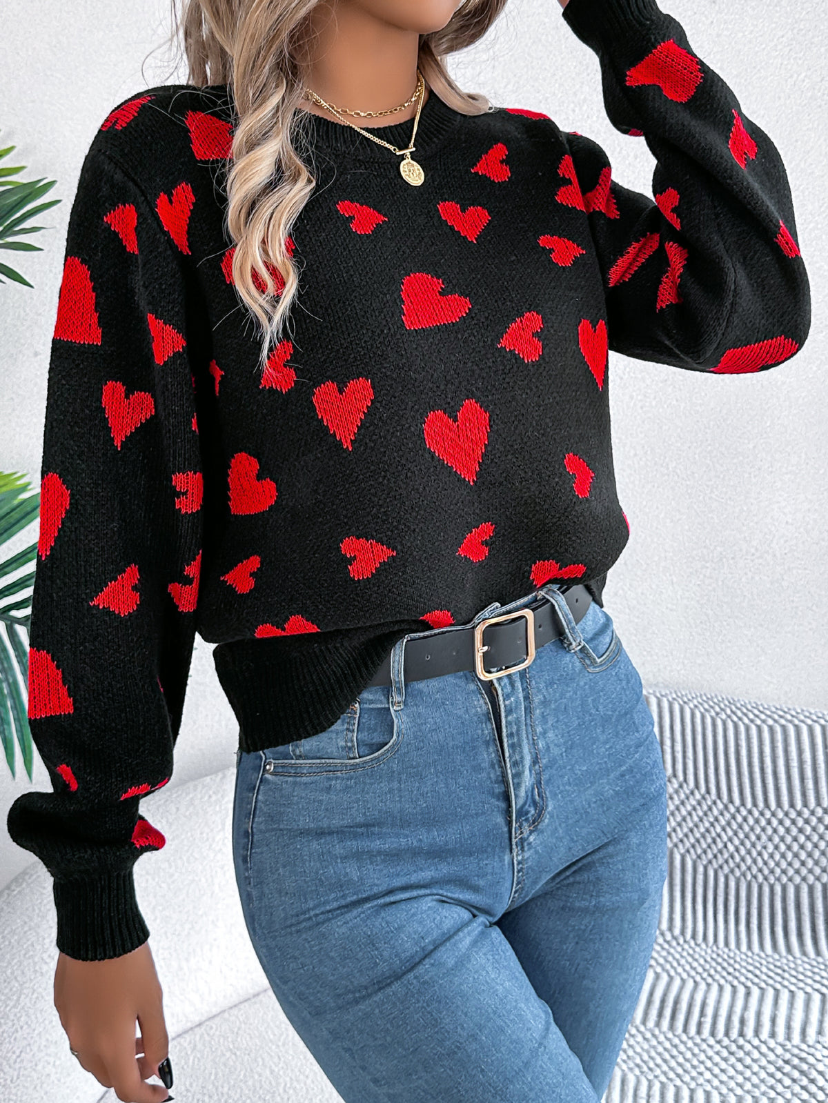 Women Casual Color Block Heart Lantern Sleeve Pullover Sweater