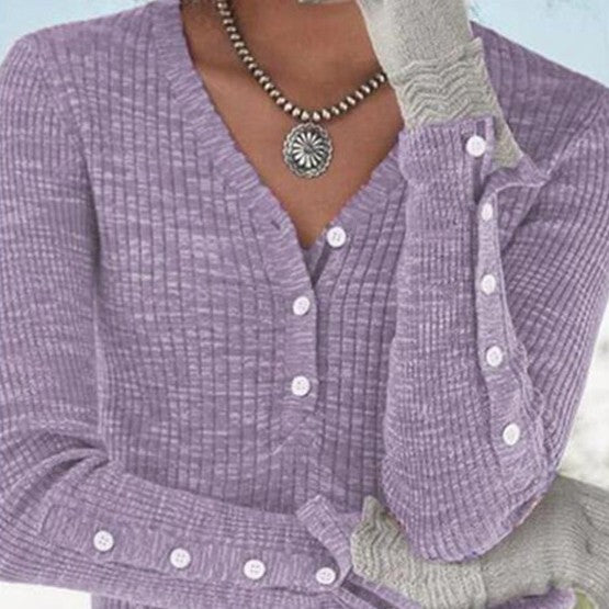 Women's Solid Color And V-neck Sweater Buttons