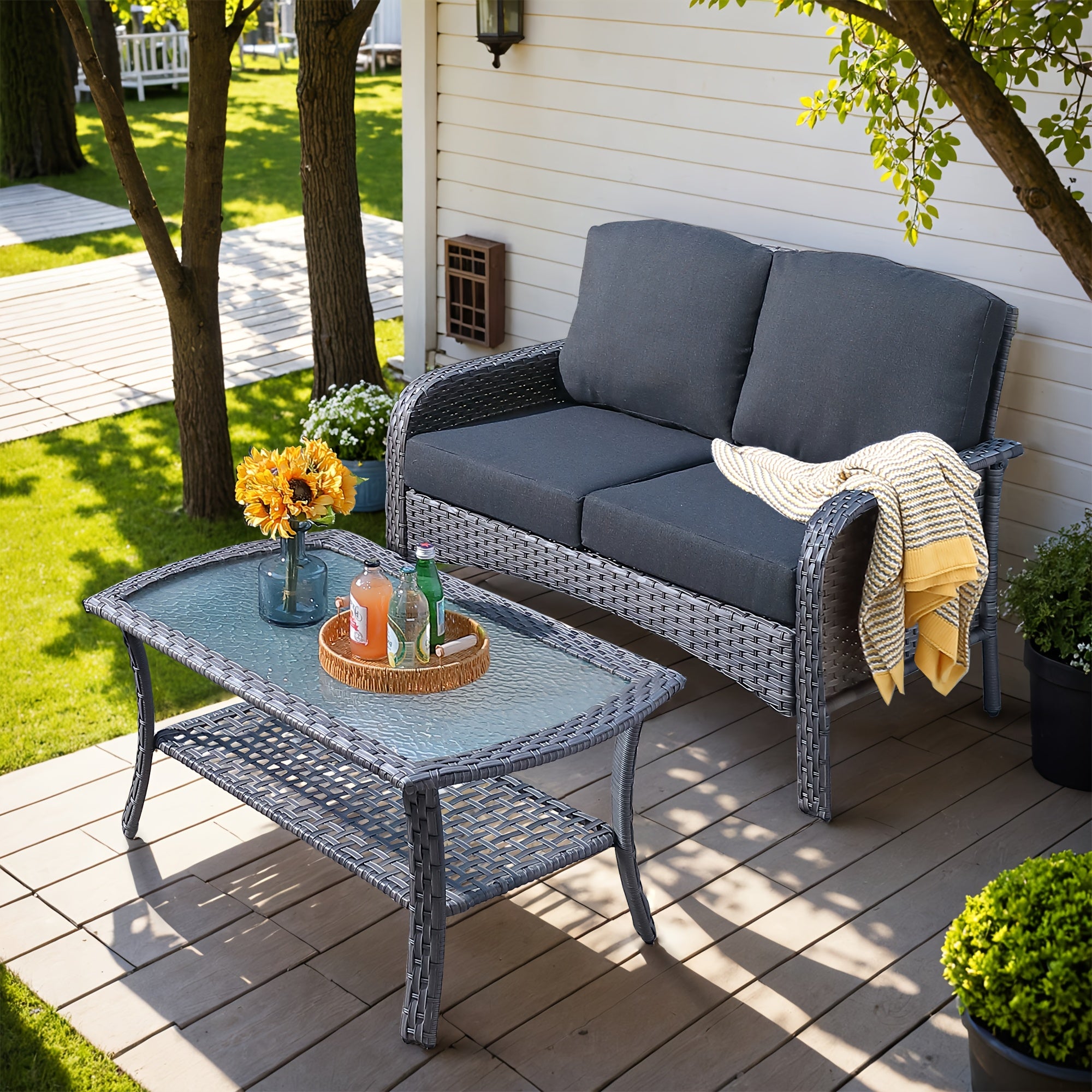 Outdoor Wicker Furniture Collection: Loveseat, Swivel Rocking Chairs, Patio Chairs, Rectangular Table, And Optional Side Table. Made with PE Rattan, Suitable for Patio, Backyard, Pool, Or Garden