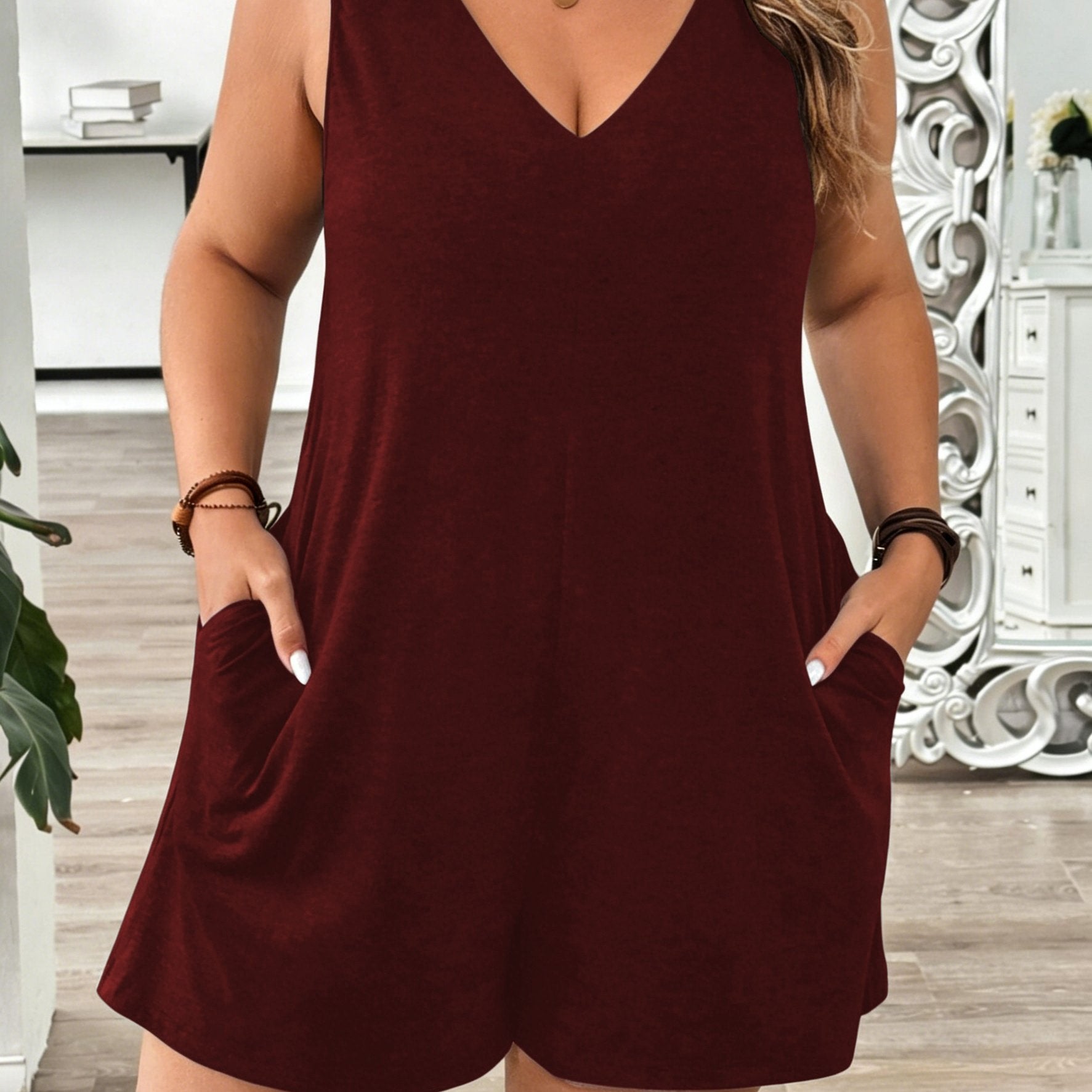 Plus Size Solid Color V‑Neck Athletic Bodysuit – Comfortable Everyday Wear