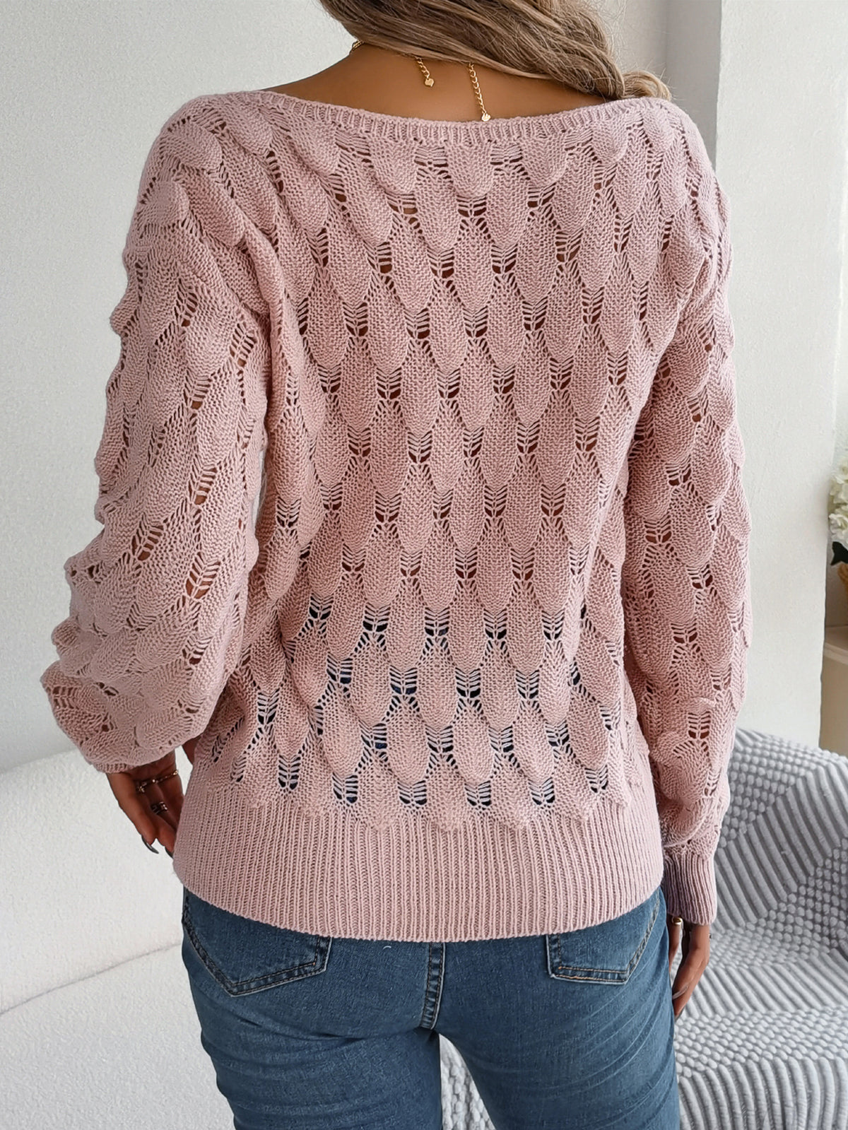 Women Casual Feather Hollow Out Off-shoulder Lantern Sleeve Sweater