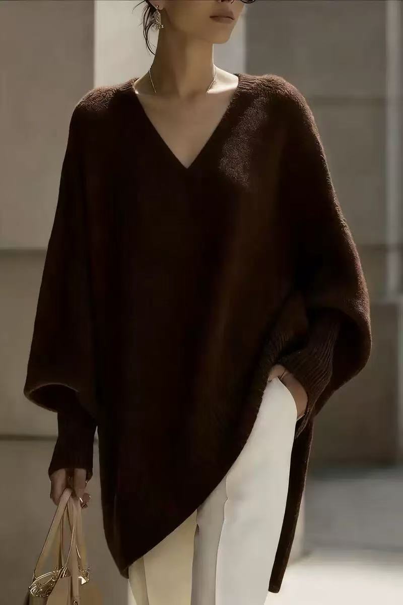 Solid-color Long-sleeve V-neck Laid-back Style Womens Sweater Top