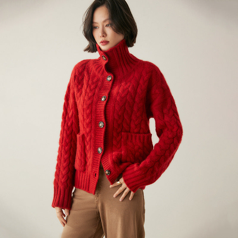 French Style Turtleneck Cashmere Cardigan for Women