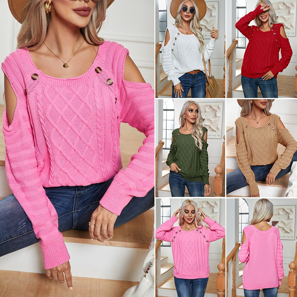 Button Square Collar Off-the-shoulder Long Sleeve Twisted Cable-knit Sweater Women