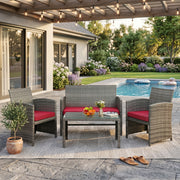 [Rattan Chat Set] SUNLEI 4pcs Rattan Chat Set for Outdoors, Featuring a Tempered Glass Coffee Table, Comfortable Cushions, And Rattan Chairs Ideal for Gardens, Backyards, And Pool Areas